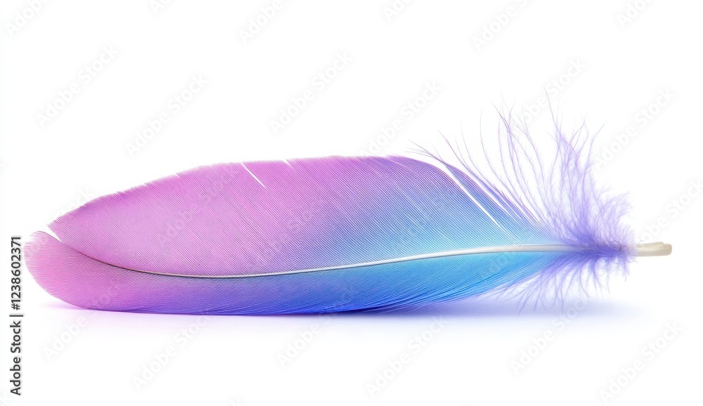 Poster Close up of a single feather, digitally enhanced with purple and blue hues, isolated on a white background. The feather exhibits a pixelated or