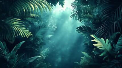Lush green jungle path glows mysteriously under soft ethereal light. AI Generated