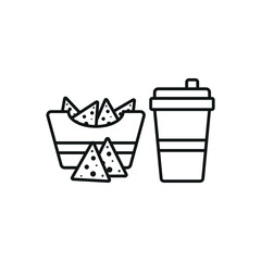 Drink and corn chips set food icon represents a crunchy and refreshing snack combo, perfect for café menus, fast food designs, and party-themed illustrations.