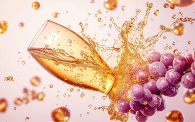 Fizzy champagne splash with golden bubbles and grape clusters on a pastel background