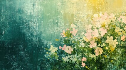 Delicate Pastel Flowers Blooming Amidst a Textured Green Background with Soft Brushstrokes, Perfect for Nature-Themed Illustrations and Artistic Displays