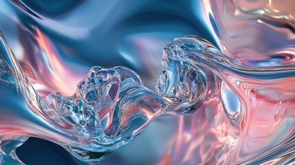 Abstract holographic waves with shifting colors of blue, pink, and silver, flowing seamlessly on a dark blue background