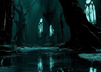 Dark, moody scene of a gothic structure partially submerged in a swampy, rain soaked environment. Trees frame the scene, reflecting in the still