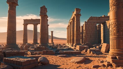 Ruins of an ancient temple stand in the desert under a clear sky at sunset