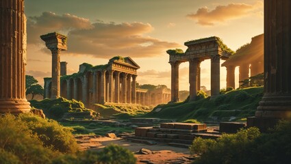 Fototapeta premium Ancient ruins surrounded by lush greenery at sunset in tranquil landscape