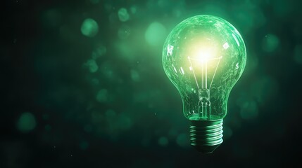 Illuminating Ideas: A Green Glowing Light Bulb Shining Brightly Against a Dark Mysterious Background with Soft Bokeh Effects and Sparkling Highlights