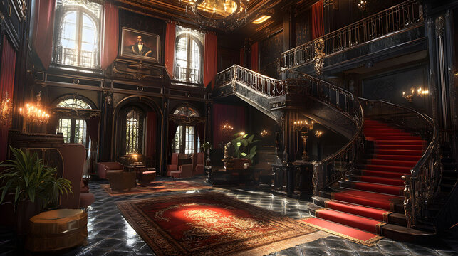 Grand Mansion Interior: Opulent Staircase and Luxurious Lobby