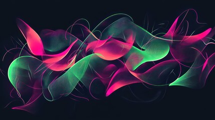 Abstract neon shapes in vibrant green and pink, layered over a dark gradient background with subtle bokeh effects
