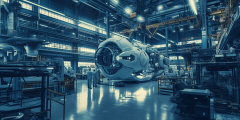 Engineers work on an advanced spacecraft in a futuristic industrial facility, surrounded by cutting-edge machinery and high-tech equipment. The scene reflects innovation and aerospace technology