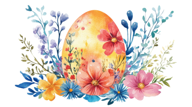 Watercolor easter egg decorated with colorful flowers on transparent background - Powered by Adobe