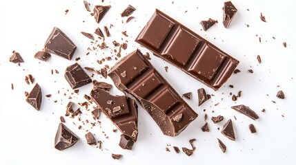 Delicious Chocolate Bars Broken Into Pieces on White Background for Sweet Treats and Dessert Lovers, Ideal for Food Photography and Culinary Designs