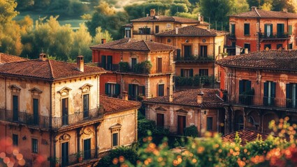 Beautiful hillside village at sunset showcasing historic architecture and natural beauty