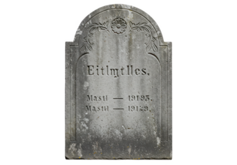 Weathered gray stone tombstone with an arched top and engraved details, isolated on white background