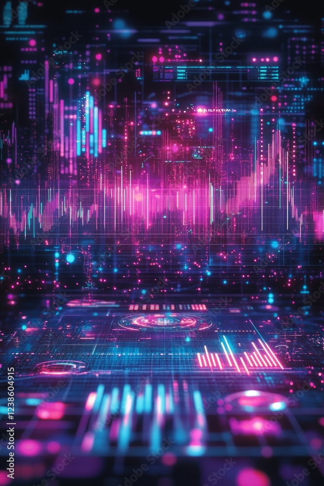 Poster vivid representations of data with pulsating colors create a futuristic digital landscape, illustrat
