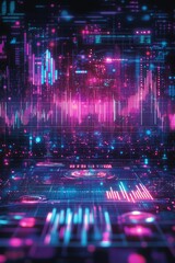Vivid representations of data with pulsating colors create a futuristic digital landscape, illustrating trends and metrics in a captivating display