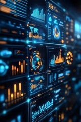 Obraz premium High-tech display showcases numerous graphs and charts visualizing data trends and analytics, emphasizing innovative technology use in the workspace