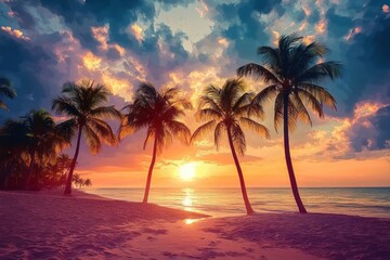 Tropical Beach Sunset with Silhouetted Palm Trees and Warm Tones
