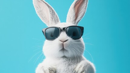 Fototapeta premium Cool White Rabbit Wearing Sunglasses Against a Bright Blue Background Perfect for Fun and Whimsical Designs, Illustrations, and Stock Photography Needs