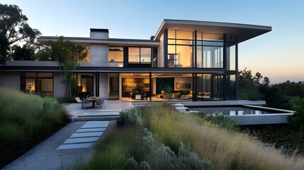 Obraz premium Modern Hillside Residence at Dusk: Architectural Marvel