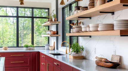 A contemporary kitchen featuring deep red terracotta and bordeaux-colored cabinetry, bronze fixtures, and open shelving displaying artisanal ceramics, blending warmth and elegance with a modern touch 