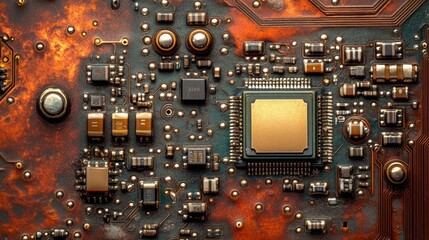 Fototapeta premium Circuit board with tiny computer chips showcasing intricate design and technology.