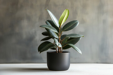 A small potted plant with green leaves sits on a grey surface