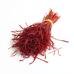 Fototapeta premium A small bundle of saffron strands displayed on a white background, showcasing their rich color and spice value