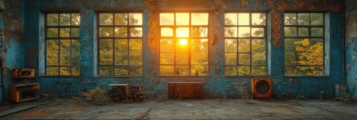 Sun setting through windows of abandoned building. (1)