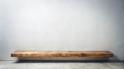 Rustic wooden shelf against a textured white wall, perfect for product display or interior design inspiration.