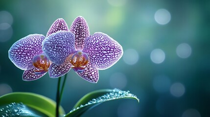Two pink orchids with dew drops on petals and leaves, soft-focus background.