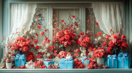 Colorful arrangement of red roses and gifts decorates a charming window display during a festive occasion