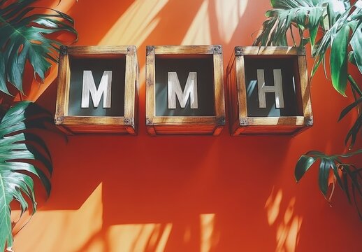 Three rustic wooden boxes with metal letters spelling MMH, arranged against a burnt orange wall. Tropical plant leaves frame the composition in a