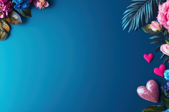 Dark blue background with pink and purple hearts, flowers, and palm leaves on the right side, providing free space for text in the center, perfect for Valentine's Day concept
