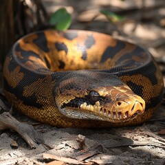 Fototapeta premium Sumatran short-tailed python coiled on the ground, close-up.