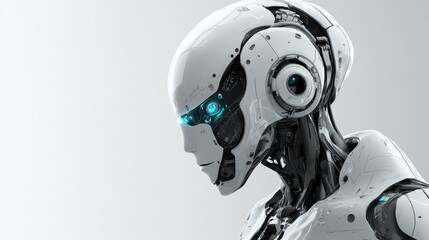 A sleek humanoid robot stands in profile, showcasing its intricate design and glowing blue eyes against a simple background, radiating futuristic technology
