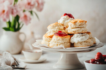 A white plate with a stack of biscuits topped with whipped cream