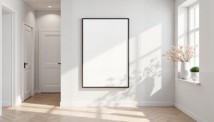 Minimalist hallway with blank canvas and vase of flowers, serene design