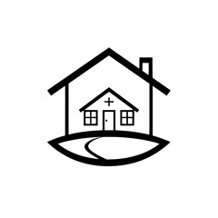 House with Cross Symbol: Home, Real Estate, Property, Shelter, Residence, Dwelling, Structure, Design, Simple, Minimalist, Line Art, Black and White Graphic, Icon, Logo