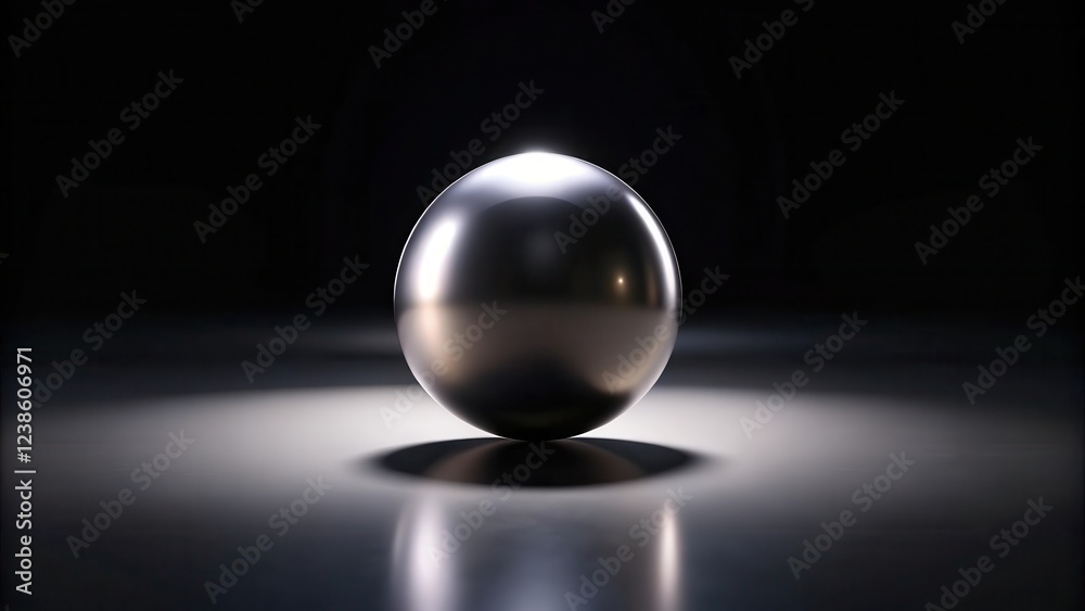 Poster A perfectly smooth, metallic sphere rests on a reflective surface, illuminated by a single light source