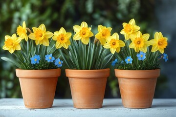 Vibrant Daffodils and Blue Flowers in Terracotta Pots