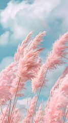 Blue clouds pink reeds poster background