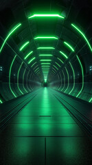 Futuristic green-lit tunnel extending into the distance.