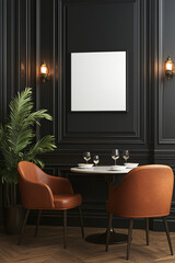 A mockup of a white canvas photo in a 2:3 format, elegantly hanging on a dark wall, creating a minimalist and serene atmosphere. 