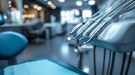 Dental tools and equipment are found in a dentist's office. These include metal instruments and polishers used on a dentist's chair. 