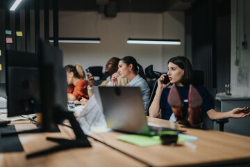 A diverse group of colleagues collaborate in a modern office, engaged in intense discussions and...
