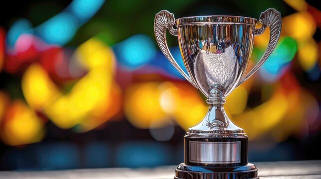 A gleaming silver trophy stands out against a vibrant, blurred background, symbolizing victory and the pursuit of excellence in sports competitions.