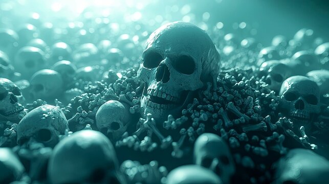 A Haunting Sea of Skulls and Bones: A Dark and Eerie Digital Art Exploration of Mortality, Death, and the Macabre