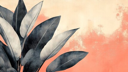Serene grey leaves softly contrast warm coral background. AI Generated