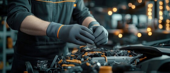 A mechanic works on an engine, wearing gloves and focusing on intricate tasks in a well-lit workshop.