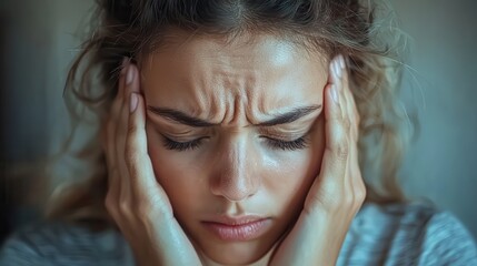 A businesswoman endures career headaches and pain. Woman with stressed expression holding her head in distress.